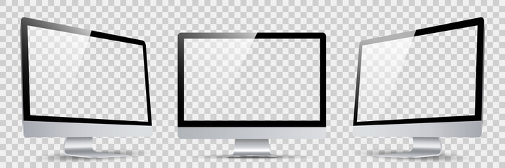 Poster - Three black monitor with transparent display in turn, realistic set device screen mockup with shadow - vector