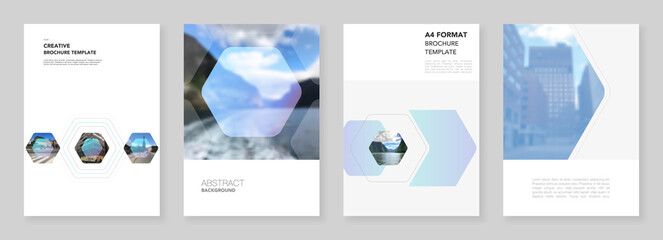 A4 brochure layout of covers templates for flyer leaflet, A4 format brochure design, report, presentation, magazine cover, book design. Corporate identity business concept background with hexagons.