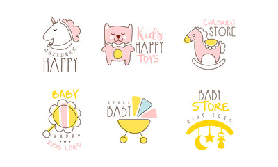 Poster - Baby Store Logo Design Collection, Kids Toys Cute Hand Drawn Emblems Vector Illustration