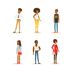 Wall Mural - African American People Set. Full Length Portraits of Men and Women Dressed Office Style Smart Suit and Casual Clothes Cartoon Vector Illustration