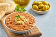 Fava beans dip. Traditional egyptian, middle eastern food foul medames with olive oil. Closeup
