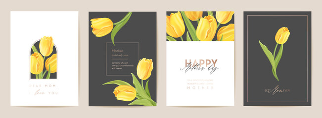 Poster - Happy Mother day floral postcard. Spring bouquet vector illustration. Greeting realistic tulip flowers template