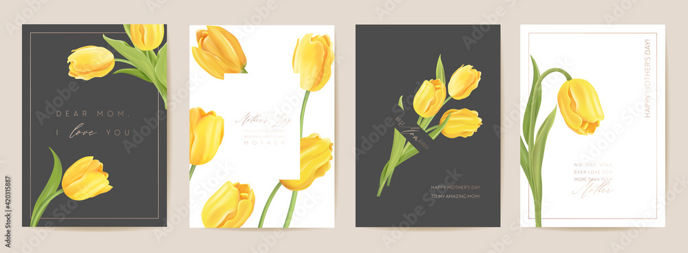 Mother day floral spring postcard. Greeting realistic tulip flowers template, modern flower background - obrazy, fototapety, plakaty 
