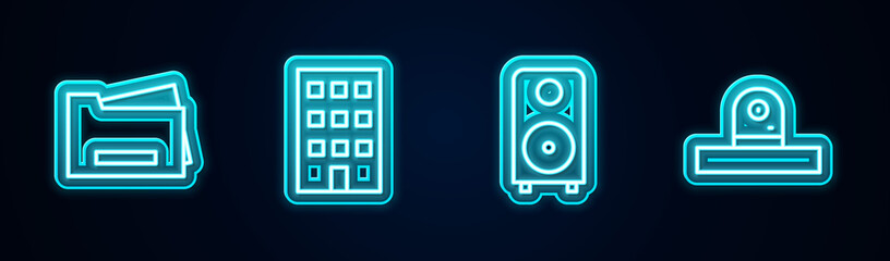 Sticker - Set line Printer, House, Stereo speaker and Security camera. Glowing neon icon. Vector