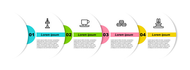 Canvas Print - Set line Street light, Coffee cup, Macaron cookie and Fountain. Business infographic template. Vector