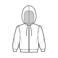 Sticker - Zip-up Hoody sweatshirt technical fashion illustration with elbow sleeves, relax body, banded hem, drawstring. Flat small apparel template front, white color style. Women, men, unisex CAD mockup