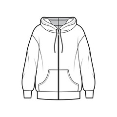 Sticker - Zip-up Hoody sweatshirt technical fashion illustration with long sleeves, oversized body, kangaroo pouch, banded hem. Flat apparel template front, white color style. Women, men, unisex CAD mockup
