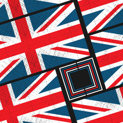 A seamless pattern with diagonally placed textured British flags against a dark background