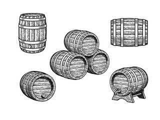 Wall Mural - vintage set of old wooden barrels for beer, wine, whisky, rum in different positions. three stacked 