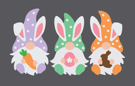 Fototapete - Three happy Easter gnomes with bunny rabbit ears holding a carrot, Easter egg, and chocolate bunny vector illustration.
