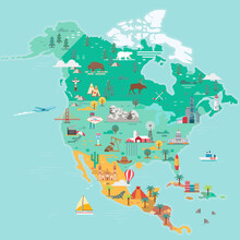 North America Map. Tourist And Travel Landmarks