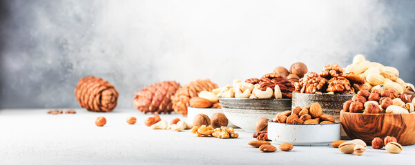 Wall Mural - Assortment of nuts in bowls. Cashews, hazelnuts, walnuts, pistachios, pecans, pine nuts, peanuts, macadamia, almonds, brazil nuts. Food mix on gray background, copy space banner