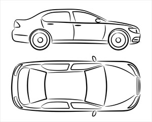 Wall Mural - Modern car sedan silhouette on white background. Vehicle icons set view from side and top