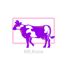 Purple Milk Cow In Rectangle Logo, Cow Walking Silhouette, Vector Illustrations