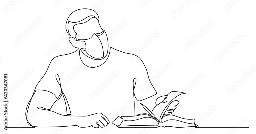 continuous line drawing of man studying reading book wearing face mask ...
