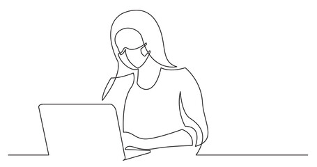 woman wearing face mask working on laptop computer - continuous line drawing