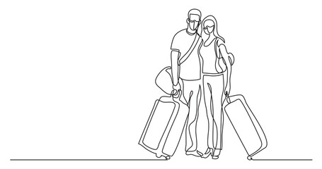 Wall Mural - continuous line drawing of traveling couple standing with baggage and luggage wearing face masks