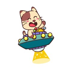 Happy Brown Cat Alien flying saucer Spacecraft Cartoon Doodle Cute Adorable Vector Illustration Character Flat Design Sticker Isolated