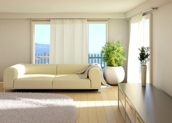 Wall Mural - Home interior with sofa and panoramic windows. Carpet on a parquet floor. 3D rendering.