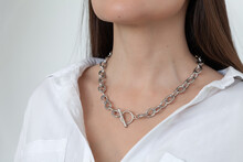 Beautiful Model Brunette In Modern Gold Metal Necklace Chain