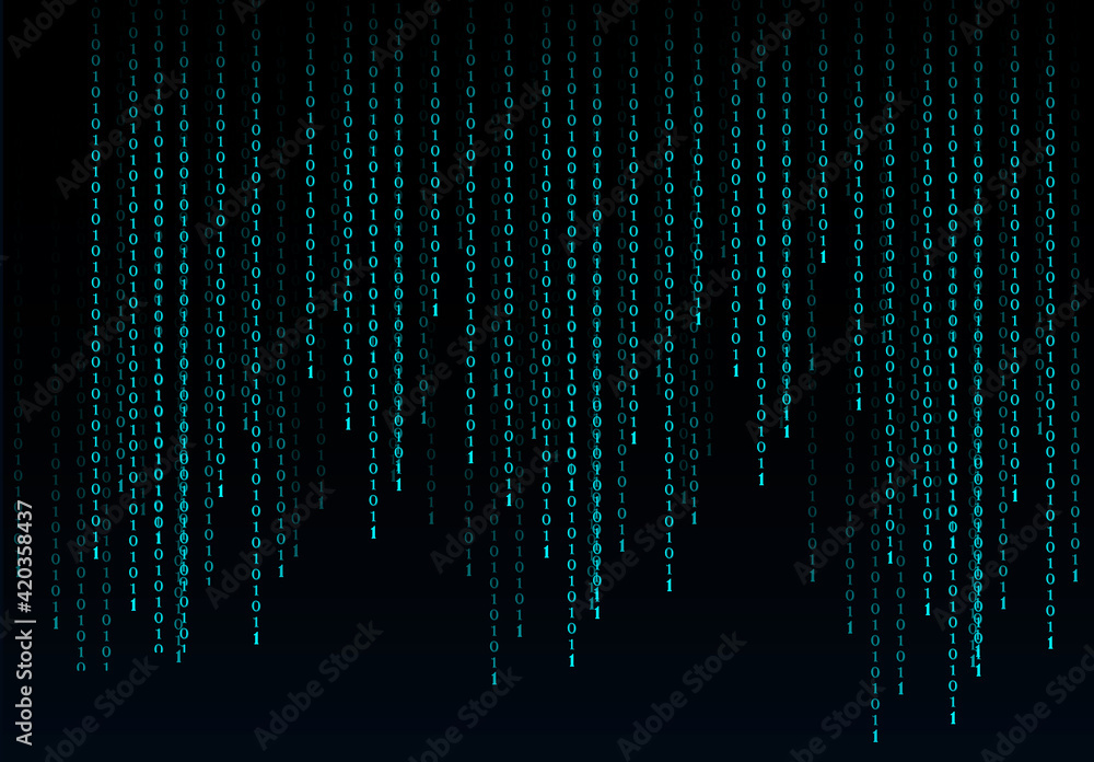 Abstract Digital binary code background with 0 and 1 digit. data security and software programming.  binary codes lines failing down in blue dark background  - obrazy, fototapety, plakaty 