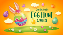 Happy Easter Egg Hunt Contest. Easter Festival Background With Bunny And Eggs On Grass.