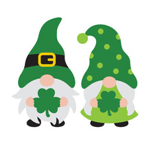 Vector Illustration Of A St. Patrick’s Day Gnome Boy And Girl Couple Holding Clover Leaves.