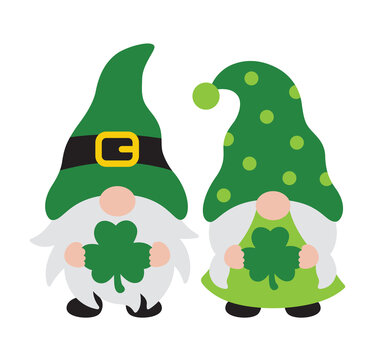 Fototapete - Vector illustration of a St. Patrick’s day gnome boy and girl couple holding clover leaves.