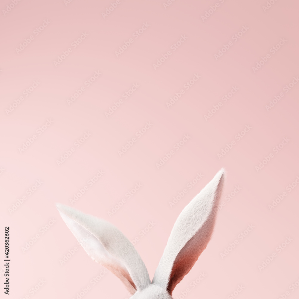 White rabbit ear on pastel pink background. Easter day. 3d rendering - obrazy, fototapety, plakaty 