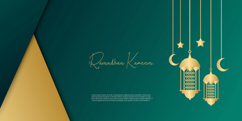 Ramadan kareem background in luxury style. Vector illustration of dark green arabic design with gold lantern or fanoos for Islamic holy month celebrations. Month of fasting for muslim