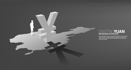 Poster - Silhouette of businessman standing with money yuan currency icon 3D with shadow on china map. Concept for digital yuan financial and banking.