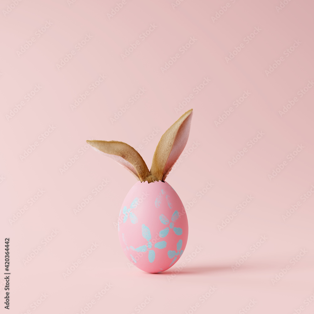 Creative easter egg with rabbit ears on pastel pink background. Minimal concept. 3d rendering - obrazy, fototapety, plakaty 