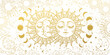 Magic background for tarot, astrology, magic. The device of the universe, the golden crescent and the sun with a face on a white background. Aesthetic vector illustration.