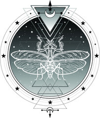 Wall Mural - Mystical symbol: illusive silhouette of a mantis. Sacred geometry. Alchemy, magic, esoteric, occultism. Vector illustration isolated on a white background. Print, poster, t-shirt, card.