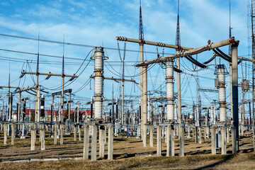 High voltage power transformer substation.