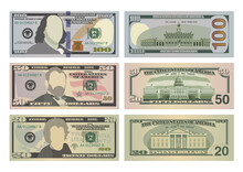 Set Of One Hundred Dollars, Fifty Dollars And Twenty Dollar Bills In New Design. 100, 50 And 20 US Dollars Banknotes From Front And Reverse Side. Vector Illustration Of USD Isolated On White