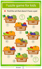 Wall Mural - Find a set that does not have a pair. Puzzle for kids. Matching game, education game for children. Baskets of vegetables. Cabbage, beetroot, tomato, eggplant, pumpkin, carrot, zucchini