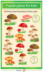 Wall Mural - Find a item that does not have a pair. Puzzle for kids. Matching game, education game for children. Color set of mushrooms. Fly agaric, chanterelles, honey agaric.