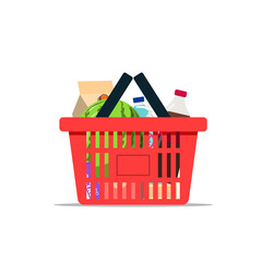 full shopping basket with various kinds of goods isolated on a white background