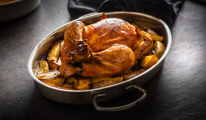 Wall Mural - Whole baked golden crispy chicken in a pan cooked with potatoes