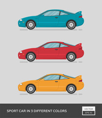 Wall Mural - Urban vehicle. Sport car in 3 different colors. Cartoon flat illustration, auto for graphic and web design.