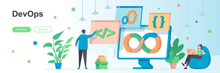 DevOps landing page with people characters. Programming and engineering service web banner. Development operations vector illustration. Flat concept great for social media promotional materials.