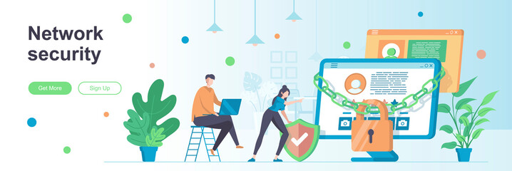 Fototapete - Network security landing page with people characters. Online server protection system web banner. Personal data security vector illustration. Flat concept great for social media promotional materials.