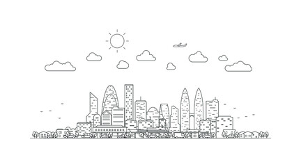 Wall Mural - Thin line City landscape. Downtown landscape with high skyscrapers. Panorama architecture buildings Isolate. Urban life Vector illustration.