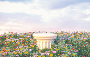 Aufkleber - Natural beauty podium backdrop with spring flower field scene. 3d rendering. 