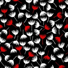 White And Red Dandelion Fluff On A Black Background. Vector Seamless Pattern.