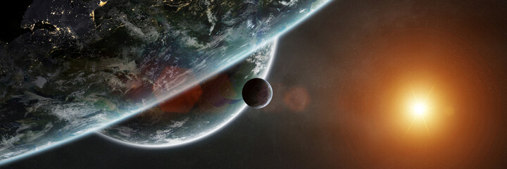 Leinwandbilder - Panoramic space planets background. Panorama of distant solar system with exoplanets 3D rendering elements of this image furnished by NASA