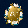 Happy Easter banner with gold eggs and flowers, hand drawn lettering on . Cute card with white bunnies on dark background. For festive invitation, design elements. Vector illustration.