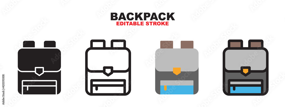 Backpack icon set with different styles. Editable stroke and pixel ...