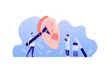 Deaf and hear aid concept. Vector flat illustration. Male and female doctor team exam human ear with hearing aid device. Medical equipment. Design element for medicine, health care.